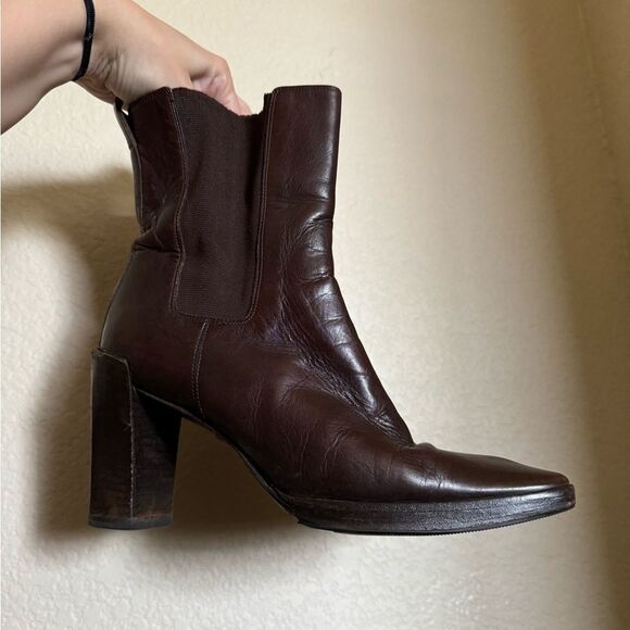 Vintage 90s Y2K TOM FORD GUCCI Leather Ankle Boots Sz 7.5 Block Heel Brown - Picture 1 of 7